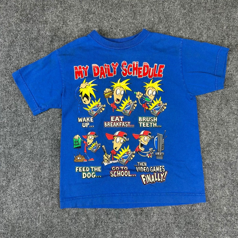 Vintage My Daily Schedule Video Games Finally Graphic T-Shirt Blue Kids Medium